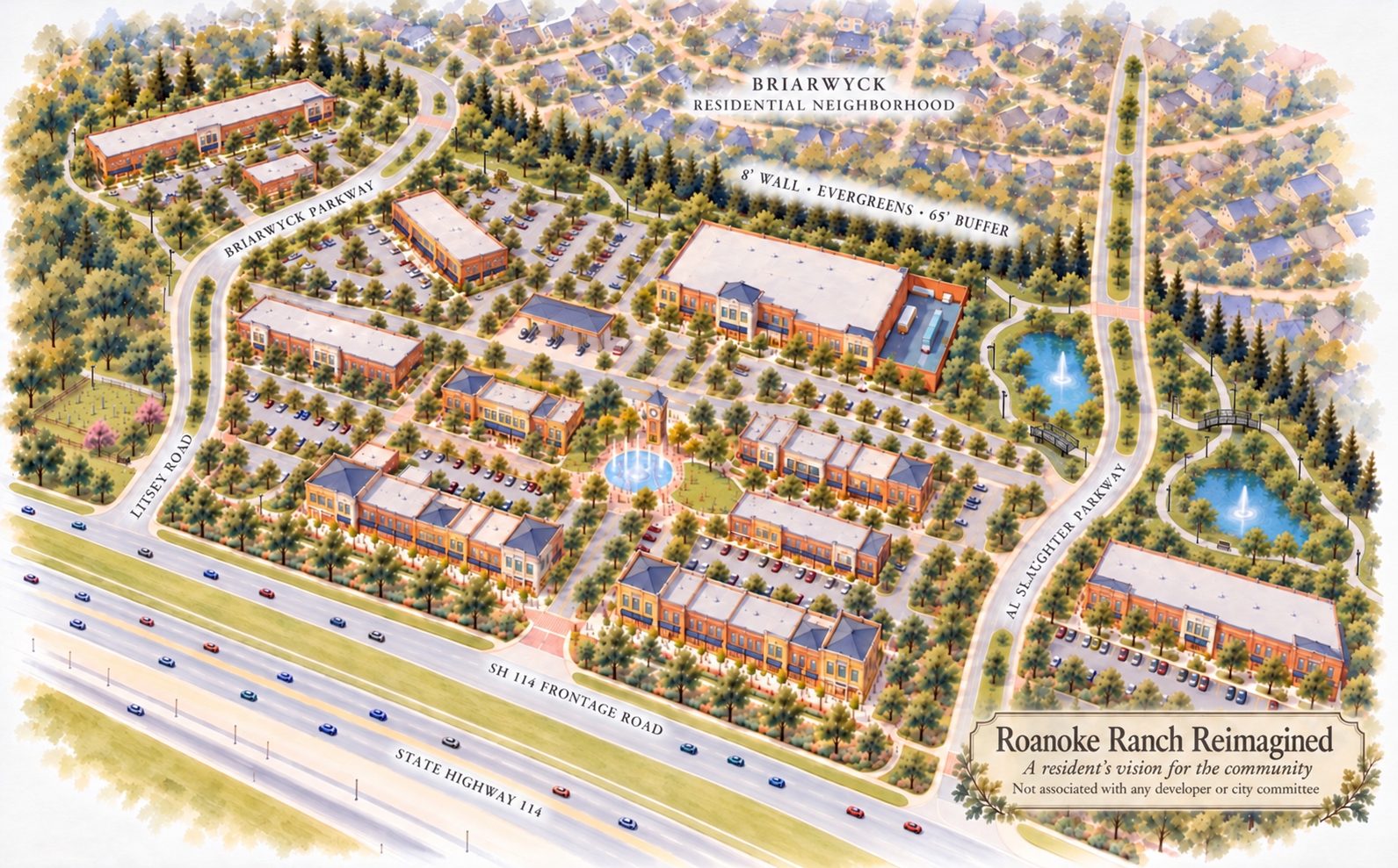 Watercolor aerial of the resident vision for Roanoke Ranch: a tree-lined main street, town green, two ponds with walking trails, and a greenbelt buffer along Briarwyck