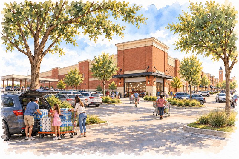 Watercolor of a brick warehouse club store with shaded parking and a family loading bulk groceries