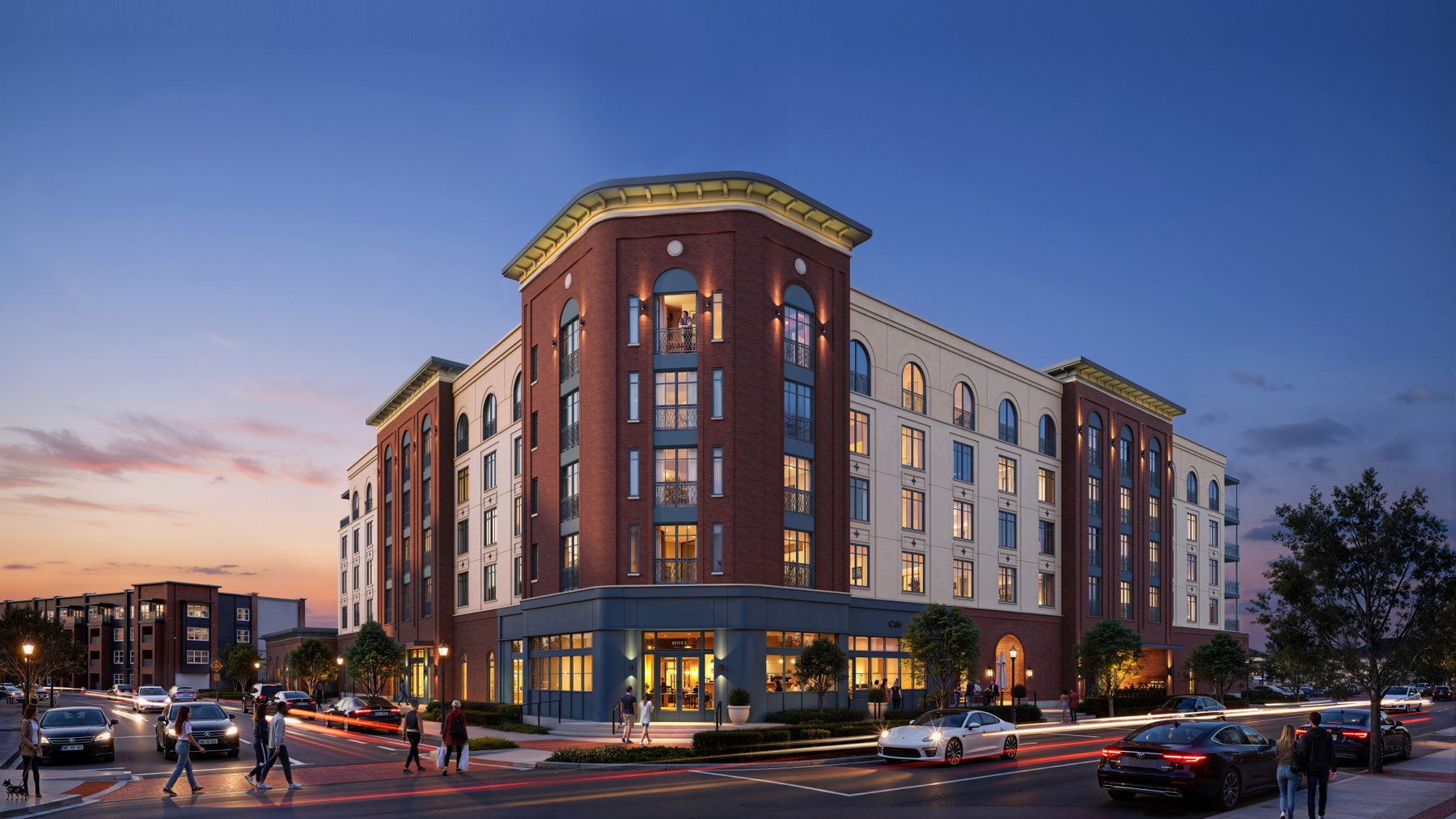 Rendering of the new Roanoke convention center and hotel at dusk