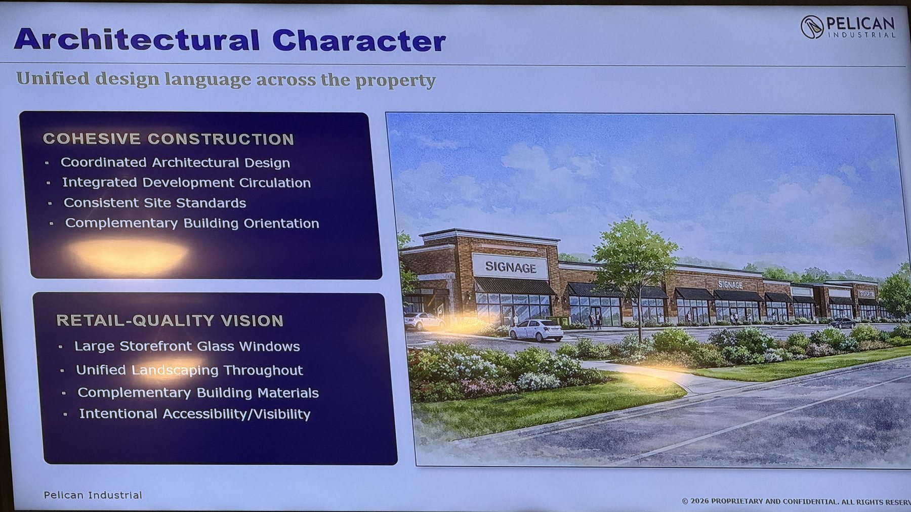 Developer slide titled Architectural Character, with a rendering of a row of storefronts behind a parking lot