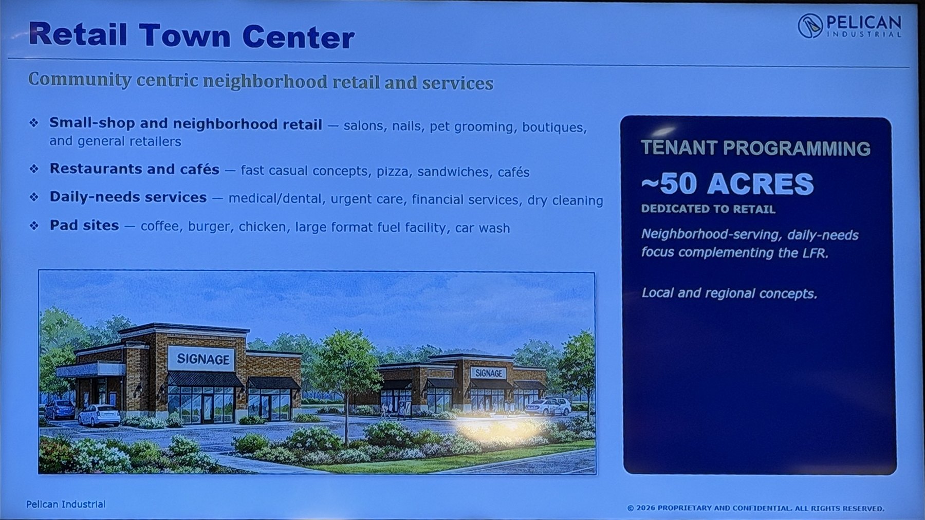 Developer slide titled Retail Town Center, listing tenant types and about 50 acres dedicated to retail