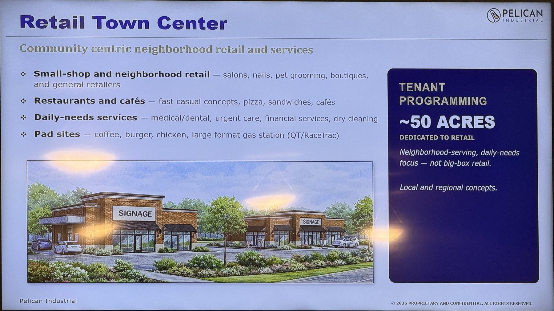 Developer slide titled Retail Town Center, with a rendering of shops facing a parking lot