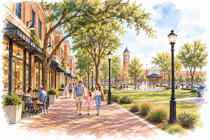 Watercolor of a shaded brick main street with storefronts, a family walking, and the clock tower ahead