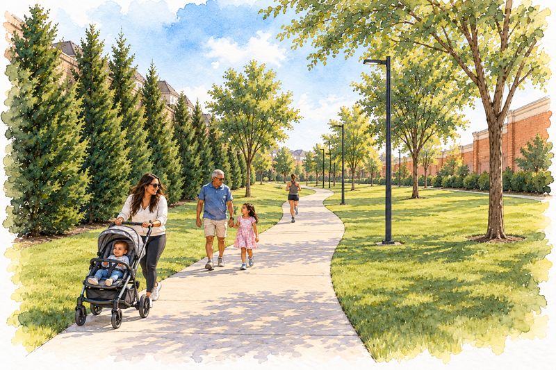 Watercolor of a greenbelt trail between a row of evergreens and wall on one side and the quiet backs of brick buildings on the other
