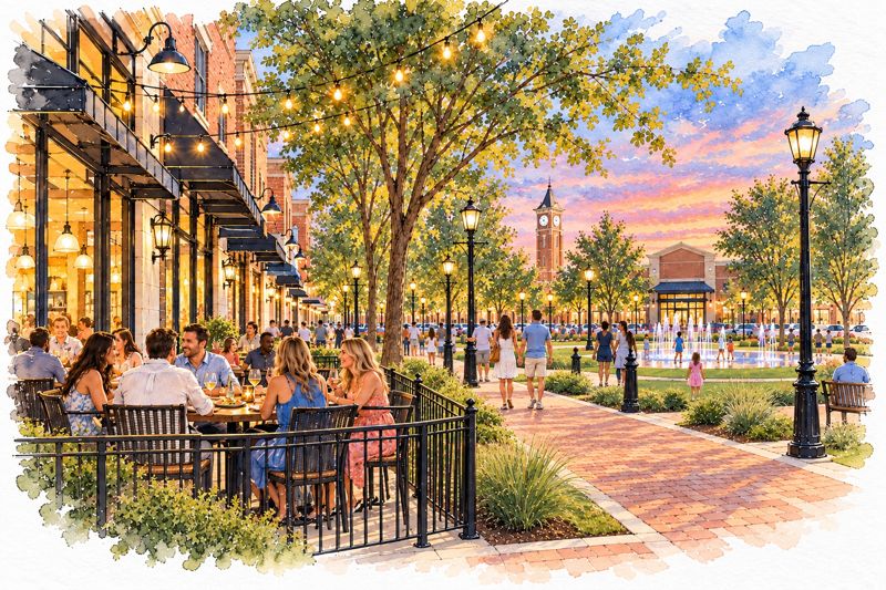 Watercolor of neighbors dining on a restaurant patio at sunset under string lights