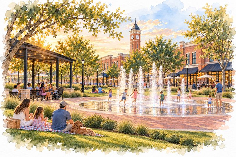 Watercolor of a town green with a splash pad, pergola, families picnicking, and the clock tower