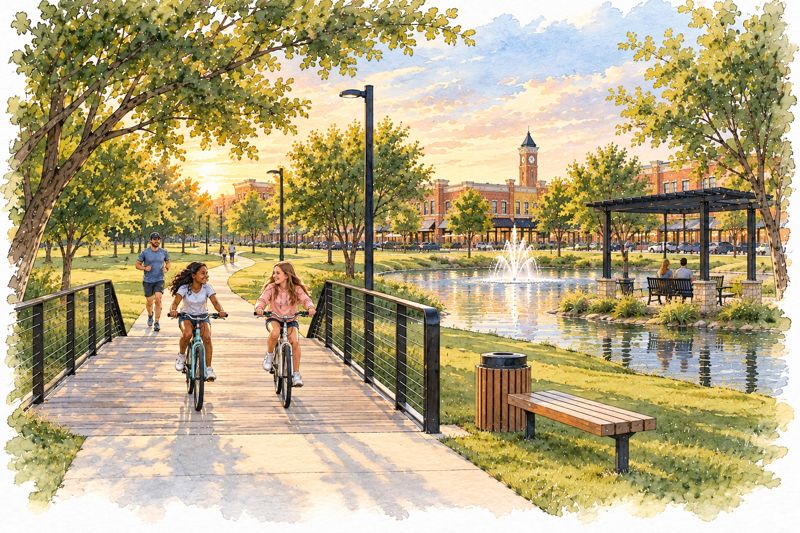 Watercolor of girls biking across a trail bridge toward a pond with a fountain and pergola